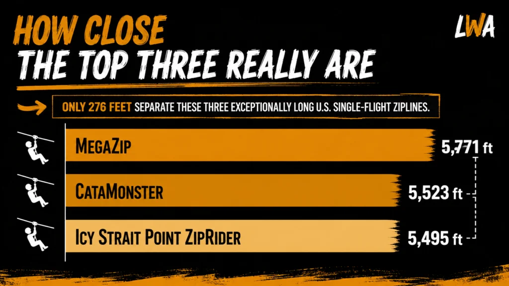 Bar chart comparing MegaZip at 5,771 feet, CataMonster at 5,523 feet and Icy Strait Point ZipRider at 5,495 feet.