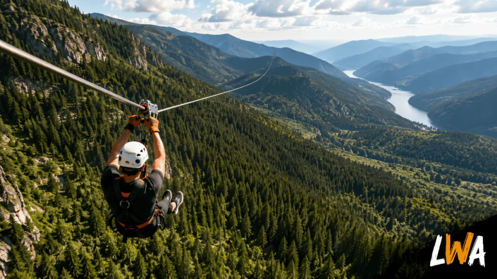 Zipline rider descending a long mountain cable above a wide forested landscape.