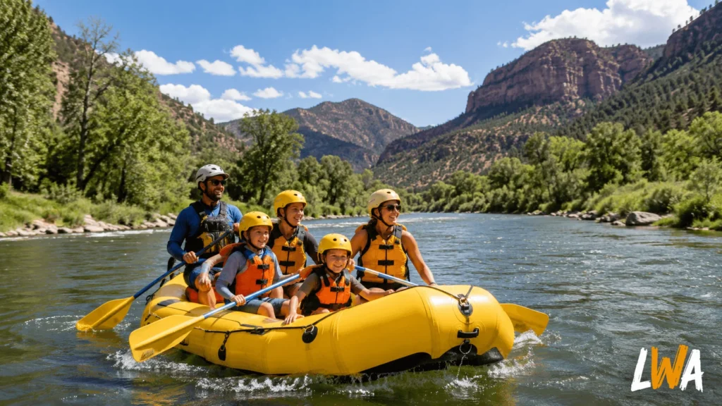 Family with children rafting on a broad mild Colorado river with mountain scenery.