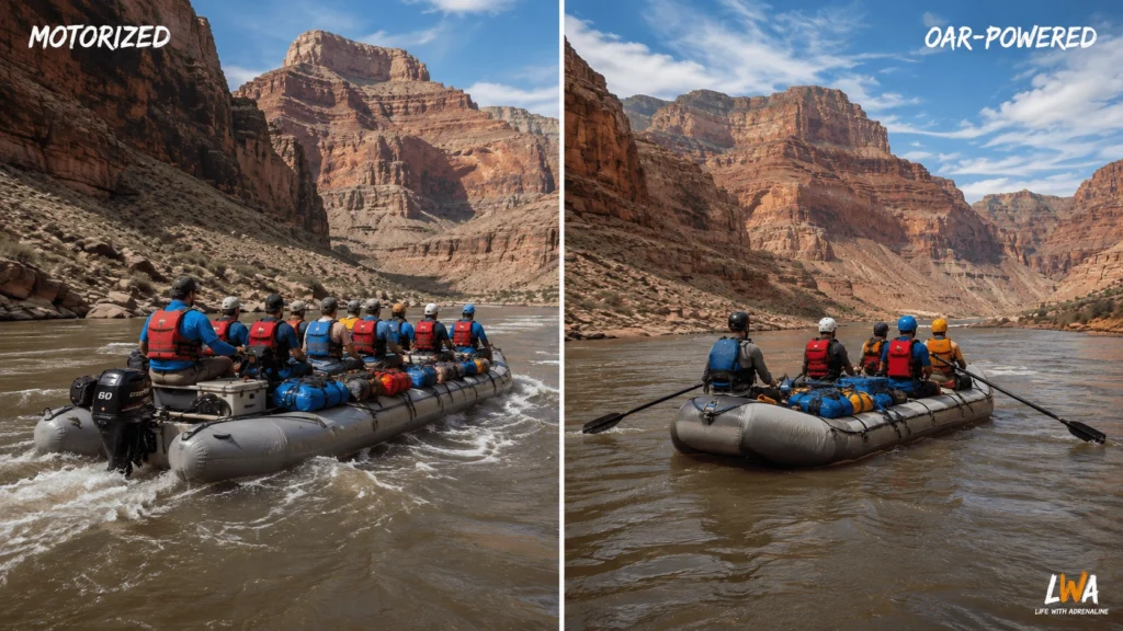 Motorized Grand Canyon raft compared with an oar-powered raft on the Colorado River inside the Grand Canyon.