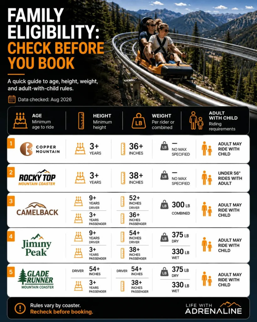 Family mountain coaster eligibility guide comparing age, height, weight, and adult-with-child requirements.