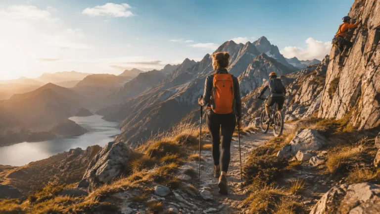 Mountain hiking trail with mountain biking and rock climbing in a dramatic alpine landscape.