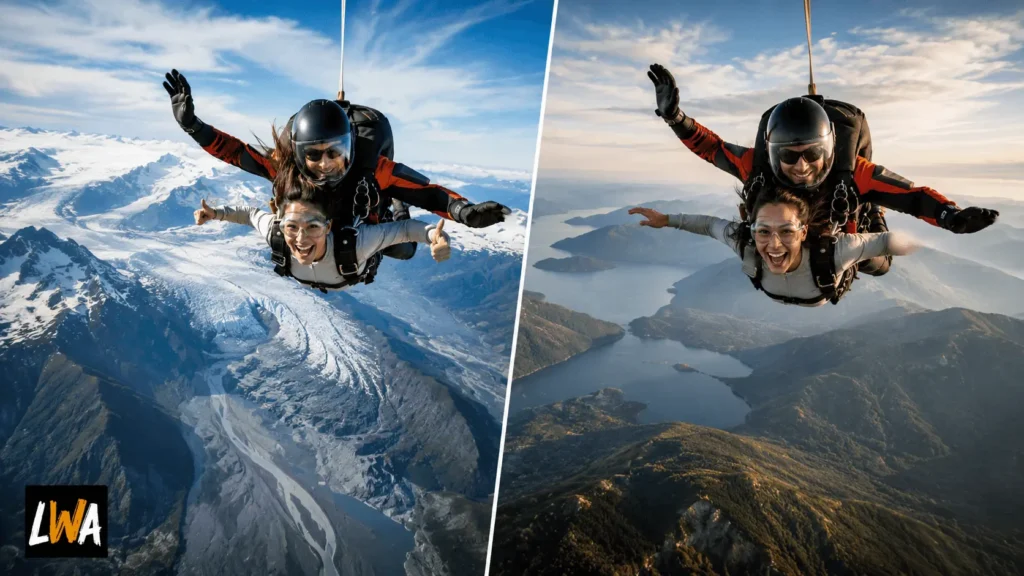 Split view of tandem skydivers above Alaska-style glaciers and mountains and Washington-style forests, mountains and waterways.