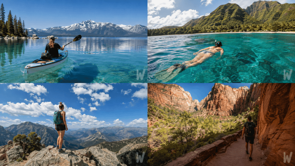 Outdoor travelers paddling an alpine lake, snorkeling, hiking and exploring canyon landscapes.