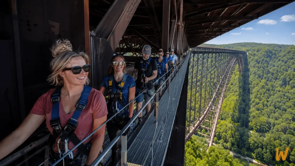 Guided guests wearing harnesses on the maintenance catwalk beneath the New River Gorge Bridge in West Virginia.