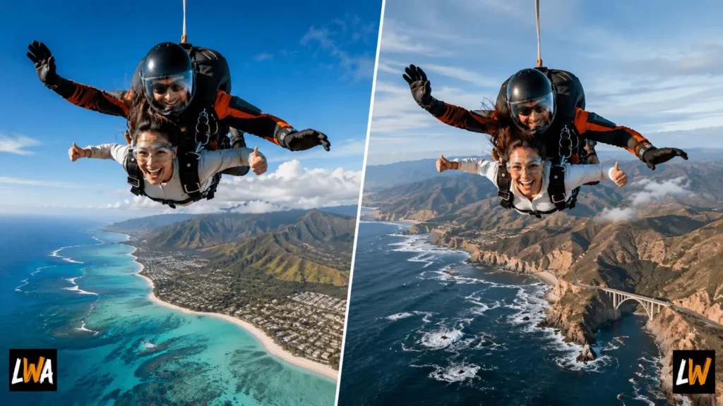 Split view of tandem skydiving above a tropical Oahu-style coastline and a rugged California Pacific coast.