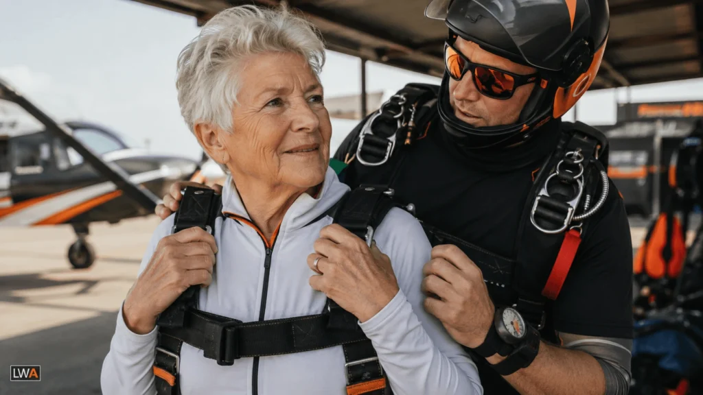 Older adult wearing a tandem skydiving harness while preparing with an instructor at a drop zone.