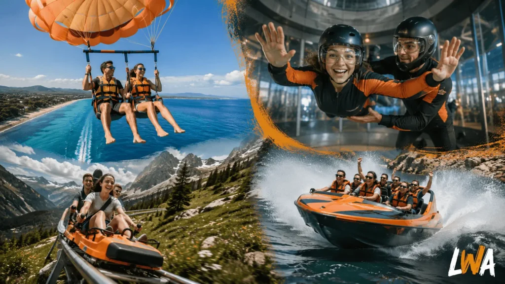 Beginners parasailing, indoor skydiving, riding an alpine coaster, and taking a high-speed jet boat ride.