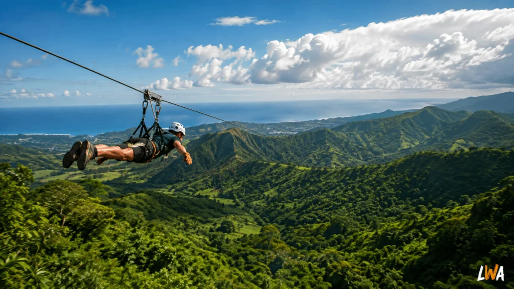 Illustrative face-down zipline rider above tropical mountains in Puerto Rico.