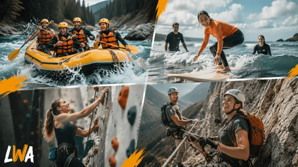Beginners whitewater rafting, learning to surf, indoor climbing, and following a protected via ferrata route.