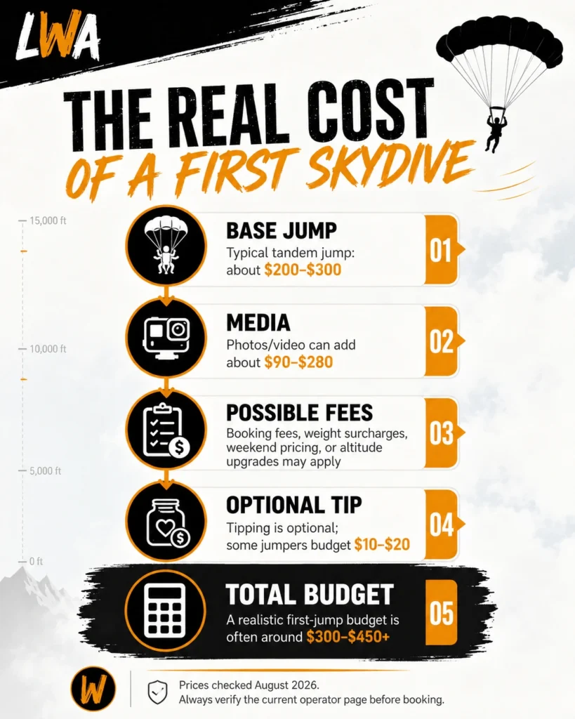 Infographic showing a first skydive budget including tandem jump cost, media, possible fees, optional tip, and total budget.