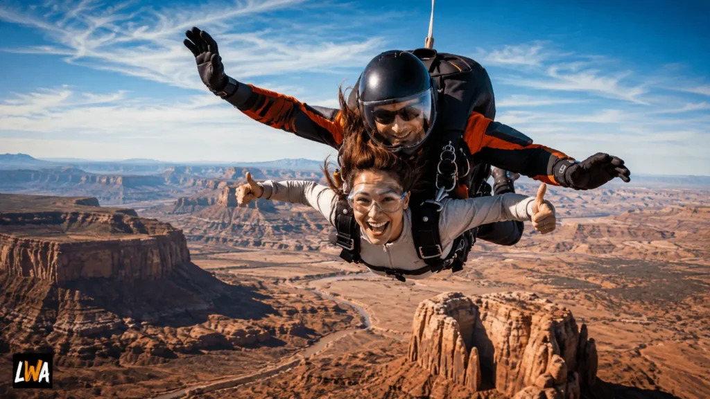 Tandem skydiver above red-rock canyons, mesas and desert scenery inspired by Moab, Utah.
