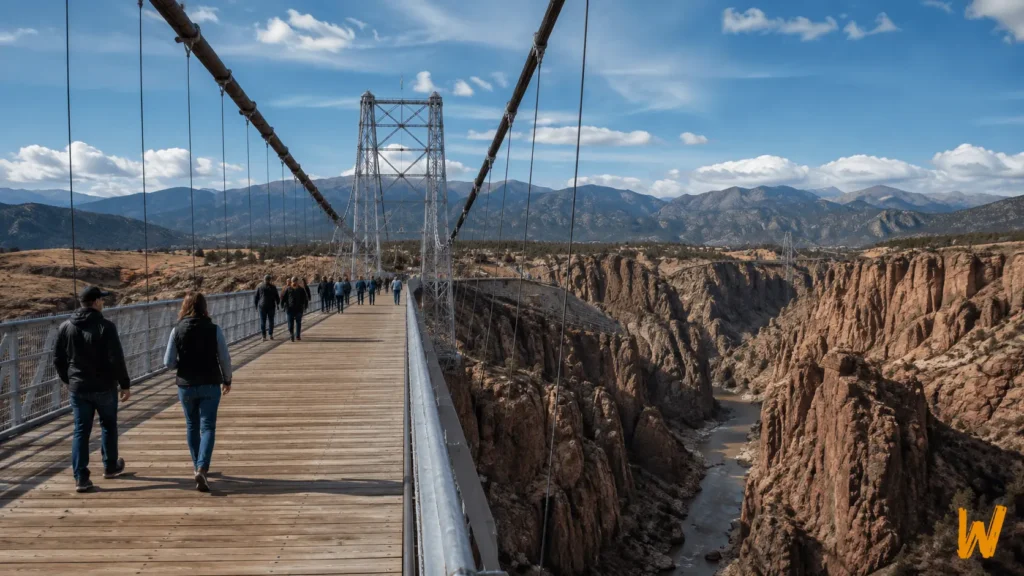 Pedestrians crossing the Royal Gorge Bridge high above the Arkansas River canyon in Colorado.