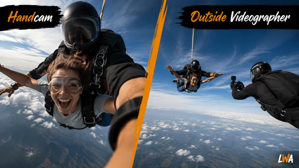 Split view comparing instructor handcam footage with an outside videographer filming a tandem skydive.