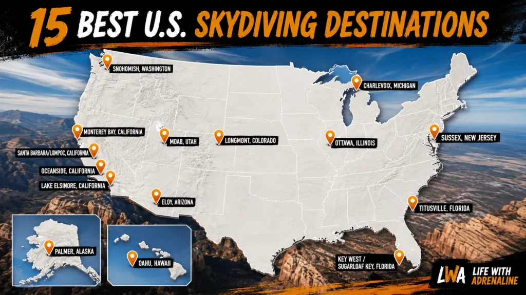 Map showing 15 of the best places to skydive in USA , including Hawaii, Alaska, California, Utah, Colorado, Florida and the Northeast.