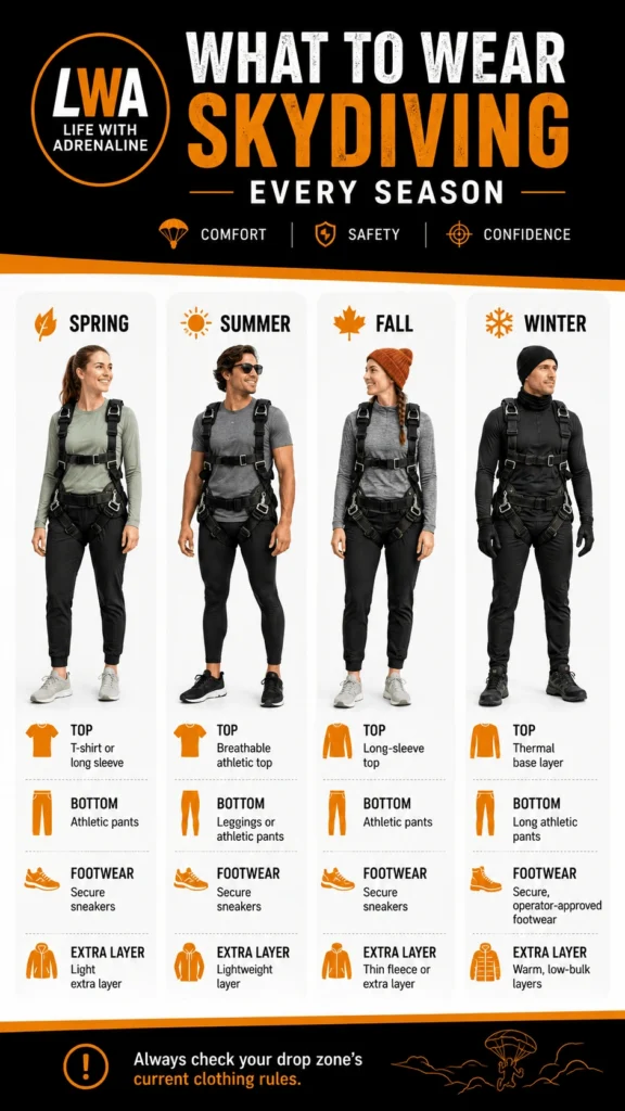 What to Wear Skydiving guide : recommended clothing, footwear and layers for spring, summer, fall and winter.