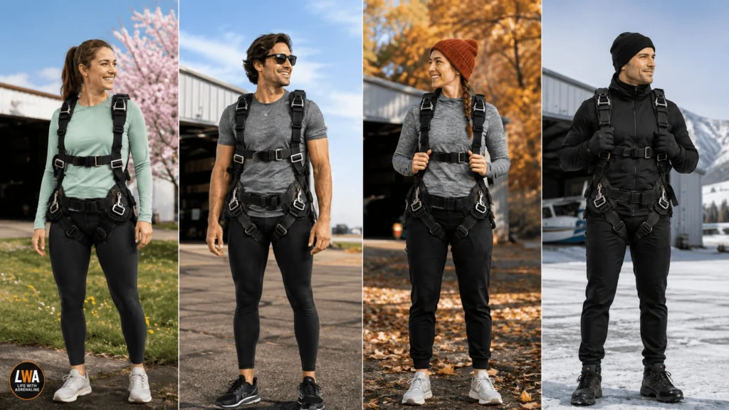 Four first-time tandem skydivers wearing different outfits for spring, summer, fall and winter conditions.