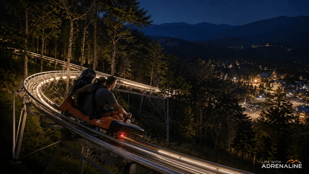 Mountain coaster cart riding on an illuminated track at night in the Smoky Mountains.