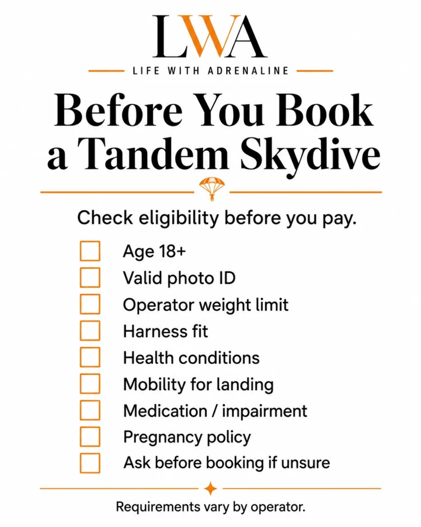 Tandem skydiving eligibility checklist covering age, photo ID, weight limits, harness fit, health, mobility, medication, and pregnancy policies.