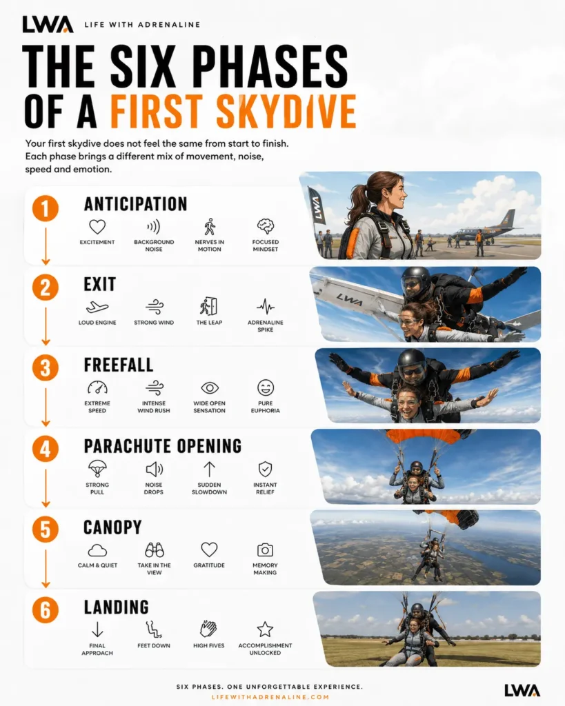 Infographic showing six phases of a first tandem skydive: anticipation, exit, freefall, parachute opening, canopy ride and landing.
