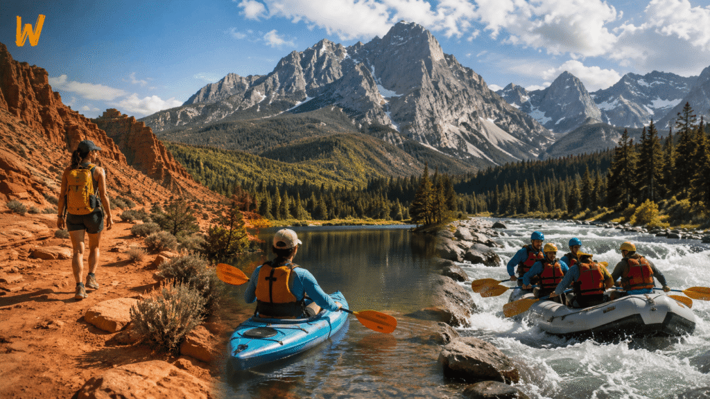 Travelers hiking, kayaking and rafting in varied American outdoor landscapes.