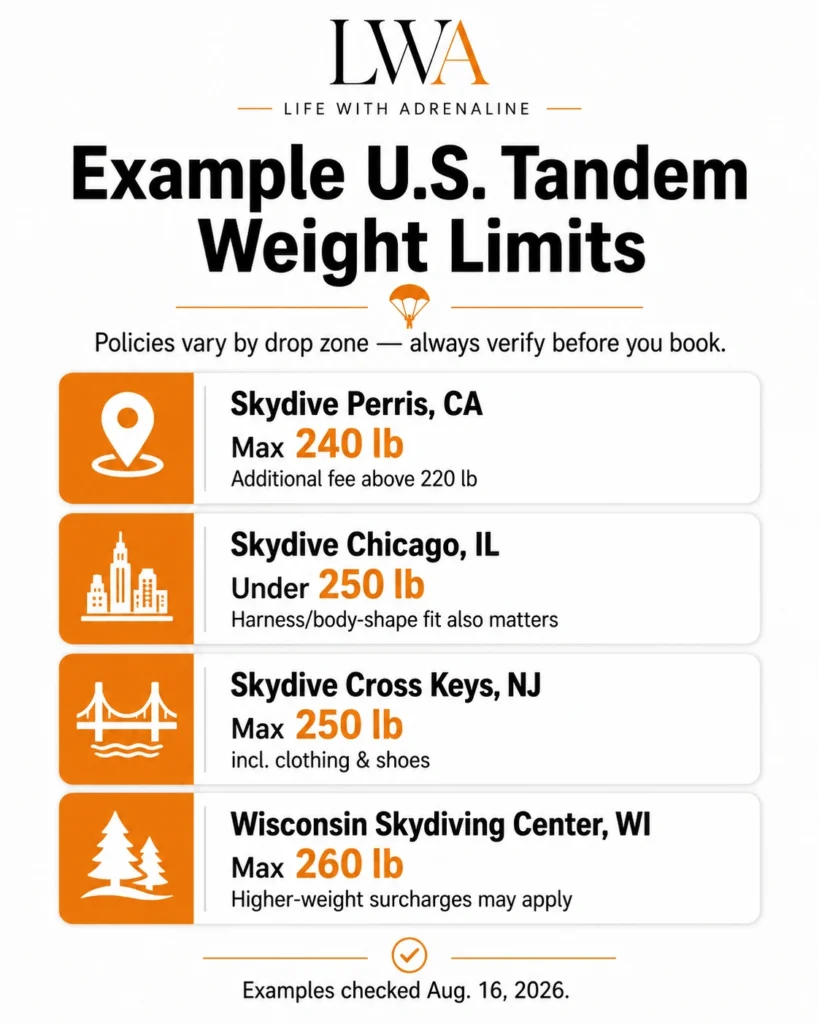 Comparison of tandem skydiving weight limits at four U.S. drop zones, ranging from 240 to 260 pounds.
