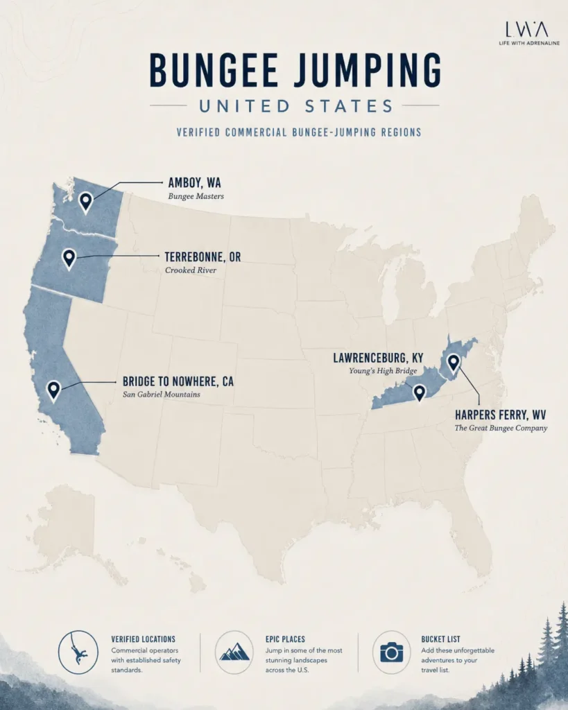 Map of verified Best Bungee Jumping Places in Washington, Oregon, California, Kentucky and West Virginia.