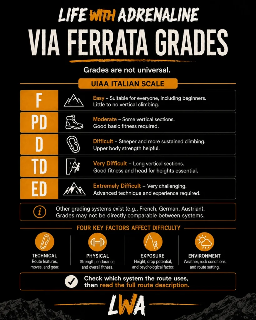 Infographic showing the UIAA Italian via ferrata scale from F to ED with separate difficulty factors.