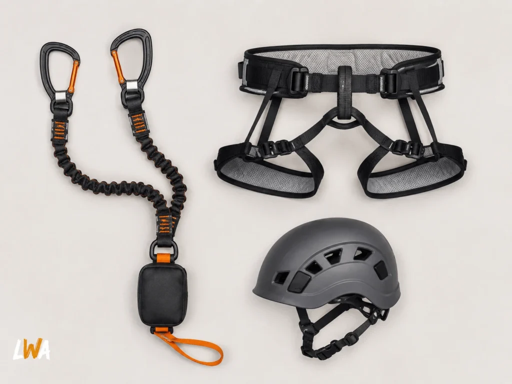 Via ferrata energy-absorbing lanyard beside a climbing harness and helmet.