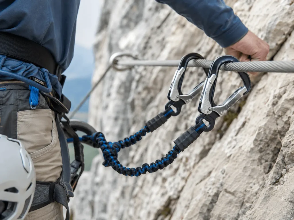 Close-up of a via ferrata energy-absorbing lanyard clipped to a fixed steel cable, with a climbing harness and helmet visible.
