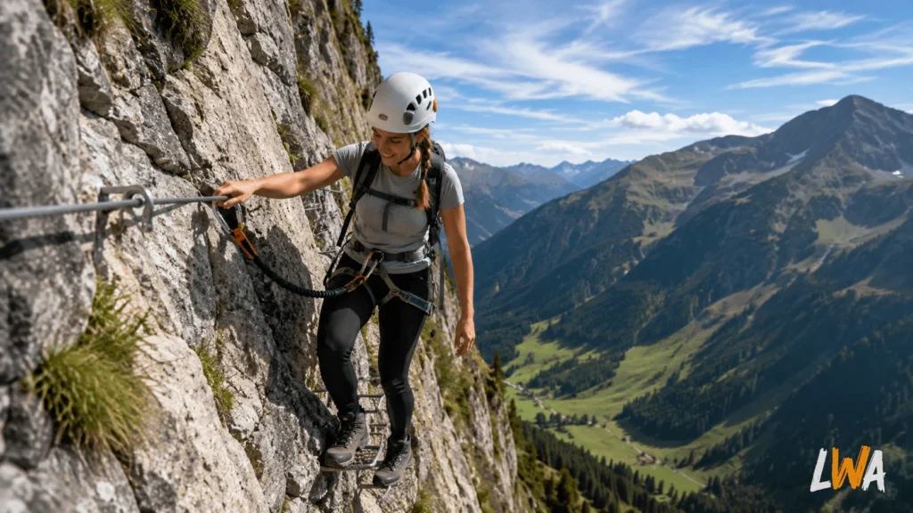 Beginner climber wearing a helmet and harness while clipped to a steel cable on a via ferrata route.