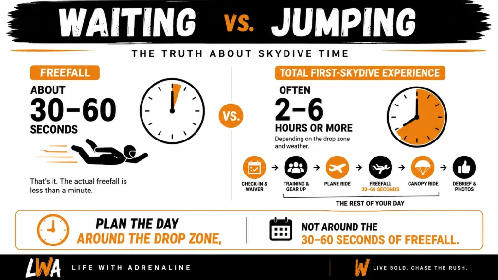 Skydiving time infographic comparing about 30–60 seconds of freefall with several hours for the complete first-skydive experience.