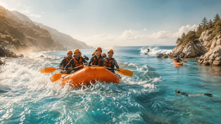 Whitewater rafting with kayaking, surfing and snorkeling in a scenic coastal adventure setting.