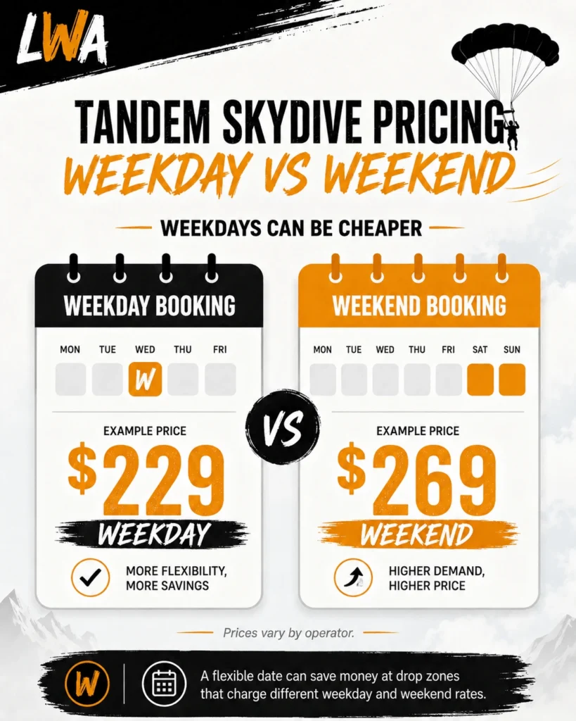 Infographic comparing example weekday and weekend tandem skydiving prices of $229 and $269.