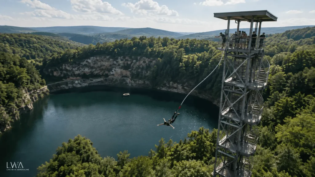 Bungee jumper descending from a tall tower above a quarry lagoon in a wooded West Virginia landscape.