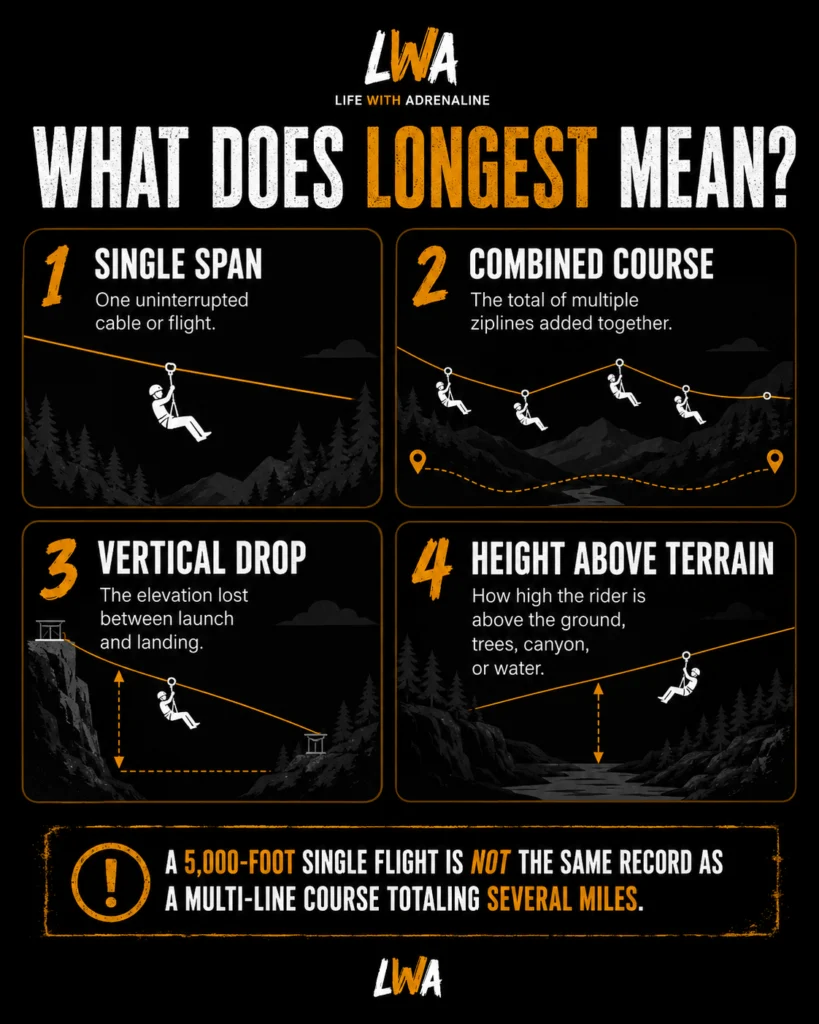 Infographic explaining single-span zipline length, combined course length, vertical drop and height above terrain.