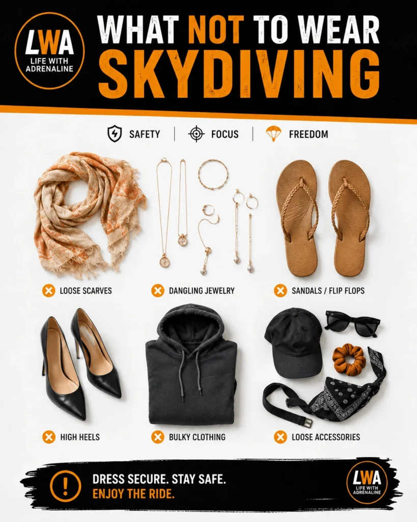 Skydiving clothing and accessories to avoid, including a loose scarf, dangling jewelry, flip-flops, high heels and bulky clothing.