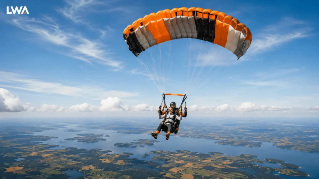 Tandem skydivers descending beneath a fully open parachute after freefall.