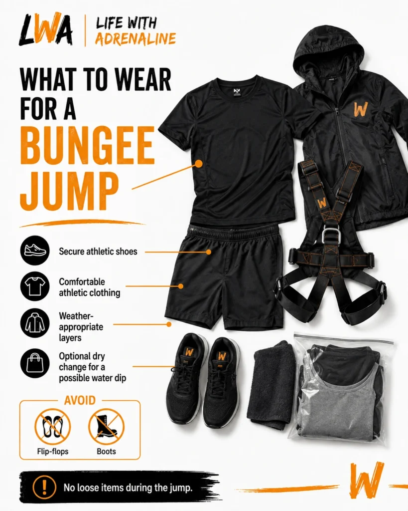 Secure athletic shoes and comfortable clothing recommended for a Harpers Ferry bungee jump.