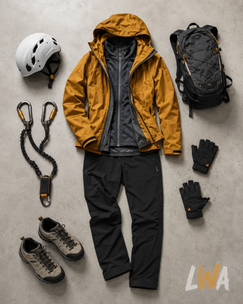 Beginner via ferrata clothing and footwear including grippy shoes, gloves, layers, shell, and small daypack.