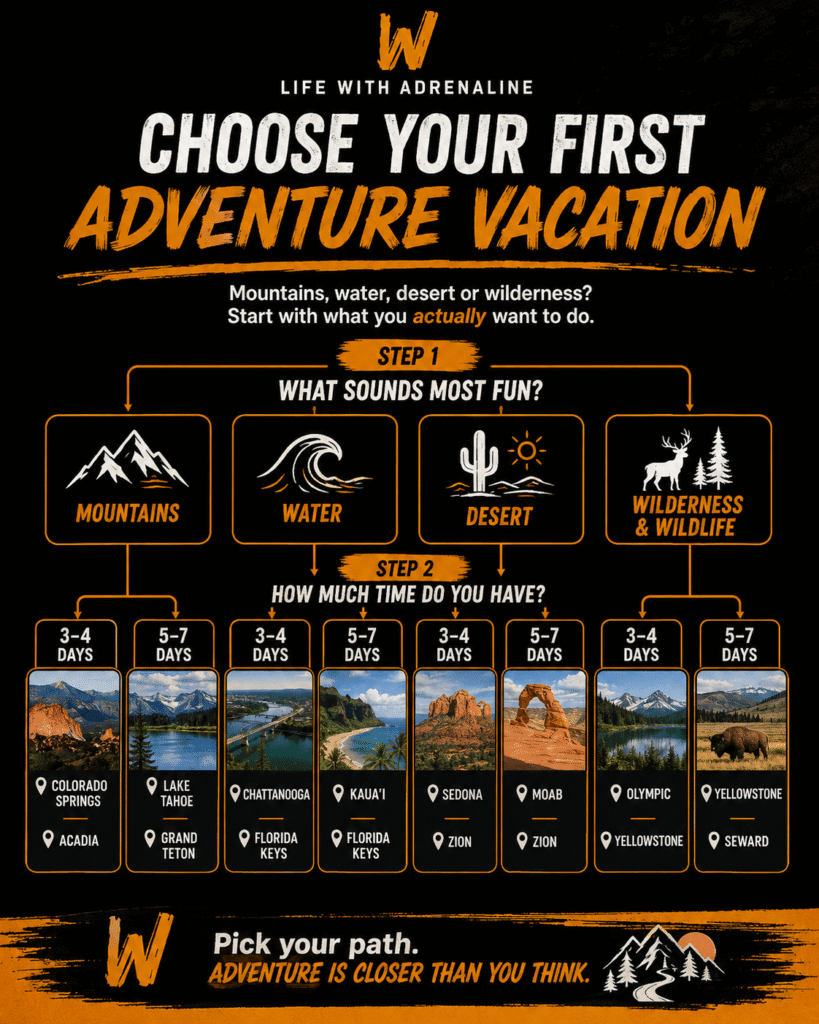 Decision tree for choosing a beginner adventure vacation by activity preference and trip length.