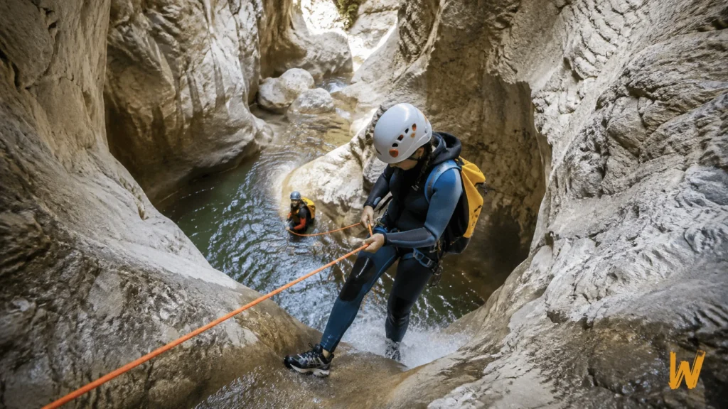 Guided beginner canyoning in a wet canyon near Ouray, Colorado.