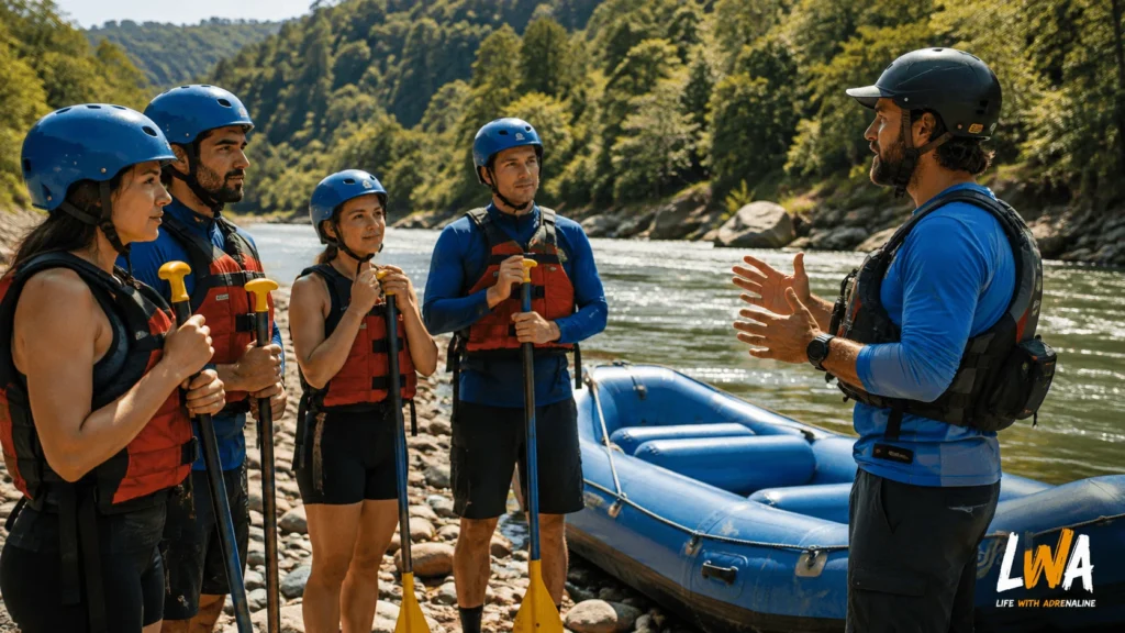 New River gorge rafting guide giving a pre-trip safety briefing to helmeted guests wearing personal flotation devices beside a raft.