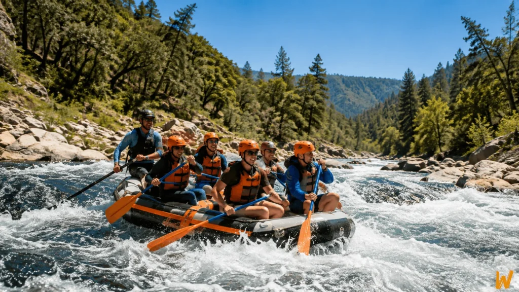 Guided rafting crew paddling through moderate Class II–III whitewater on a forested U.S. river.