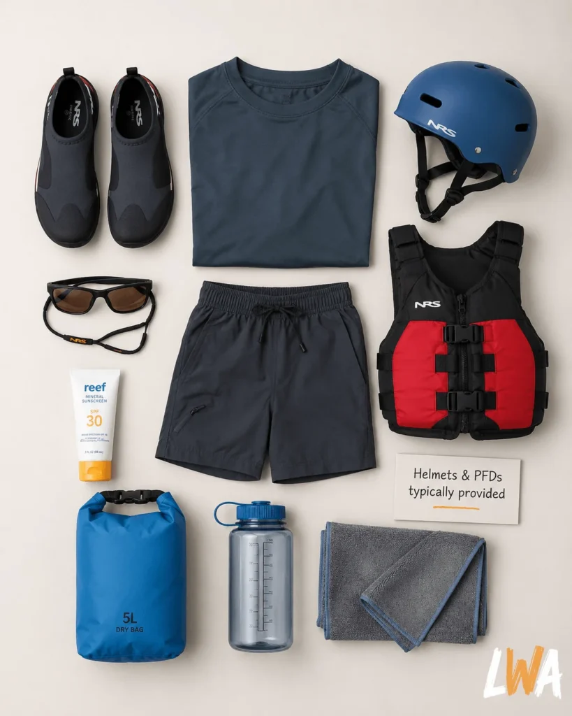 Quick-dry rafting clothing, river shoes, sunglasses, sunscreen, dry bag, helmet and personal flotation device arranged for a beginner rafting trip.