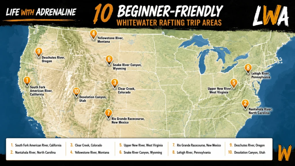 Map of the United States showing ten Best Beginner Whitewater Rafting Trips areas.