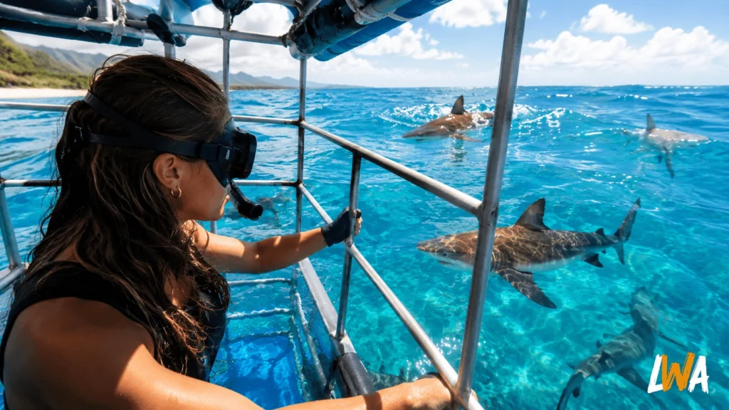 Traveler inside a shark cage off Oahu’s North Shore with wild sharks swimming outside in clear blue water