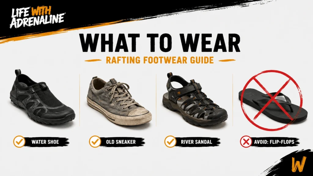 Whitewater rafting footwear guide comparing a water shoe, old sneaker, river sandal, and an unsuitable flip-flop.
