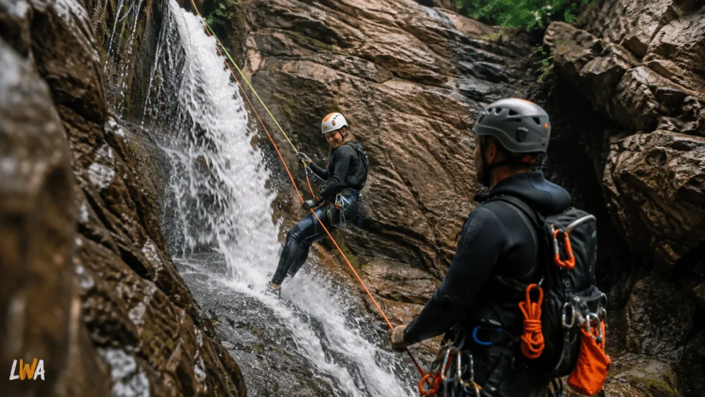 Beginner participant rappelling beside a waterfall on a guided U.S. canyoning trip.