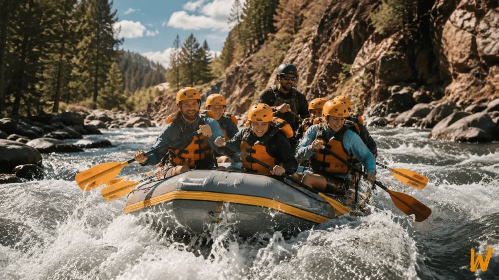 First-time rafters paddling a guided raft through moderate Class II–III whitewater.